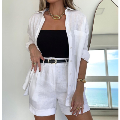 RedPeony Female Outfits Casual Simple Button Pockets Short Pant  Shirts Tops Summer Fashion Suit Women Long Sleeve 2 Pieces Sets