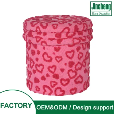 Custom Pink Heart Plush Round Storage Ottoman with Removable Lid Multifunctional Seating Stool for Home Living Room Decor