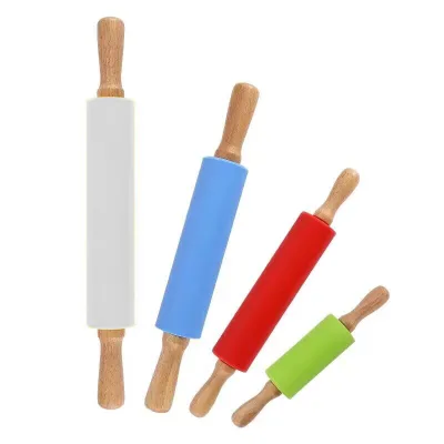 Non-Stick Wooden Handle Silicone Rolling Pin Reusable Pastry Dough Flour Roller Durable Kitchen Baking Cooking Tools Rolling Pin