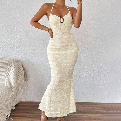 Y2k Luxury V-neck Midi for Women Spring Summer Solid Color Strap Long Sexy Folded Sleeveless Backless Slim Natural Floor-Length