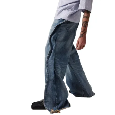 Mens Streetwear Fringe Distressed Hem 100% Cotton Vintage Whisker Effect Ruffled Wash Denim Floor Length Wide Leg Jeans