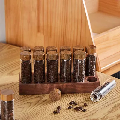 Hot Sale 6 Glass Tubes with Walnut Wooden Set for Coffee Bean Flower Tea Display Coffee Bean Storage Container