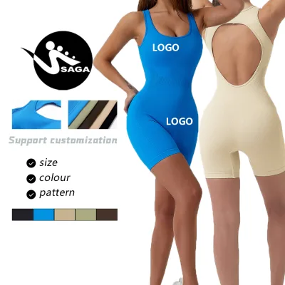 2024OEM Logo Halterneck Short Unitard in Black Workout Jumpsuit Women Playsuit Baby Jumpsuit