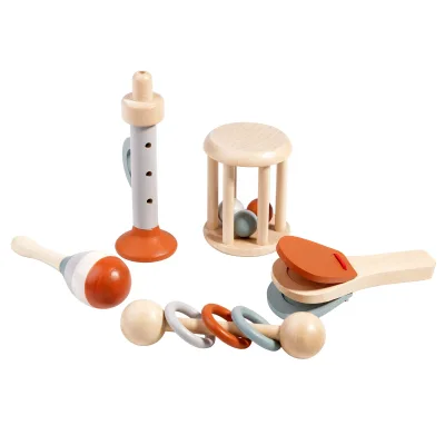5 Pack Wooden Musical Instruments Toddler Percussion Toys Baby Holding Bell Rattle Musical Instrument