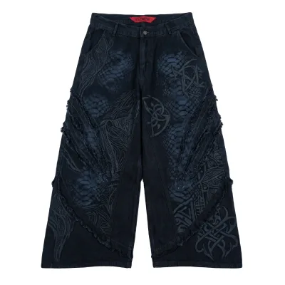 DIZNEW Printed Jeans Black Baggy Snake Skin Circuit Board Rune Double Layer Print Raw Fringe Split Panel Back Pocket Embroidery