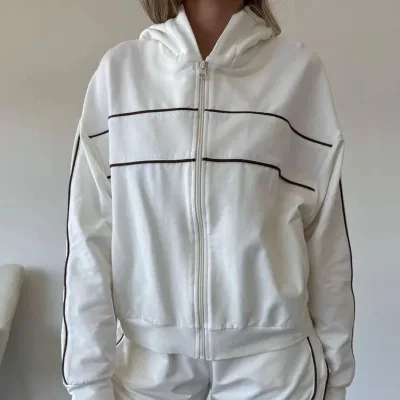 Custom Logo Women Hoodies Long Pant Set Lines Design Drop Shoulder Sweatwear Loose Fit Sweatpants Casual Vintage Sets