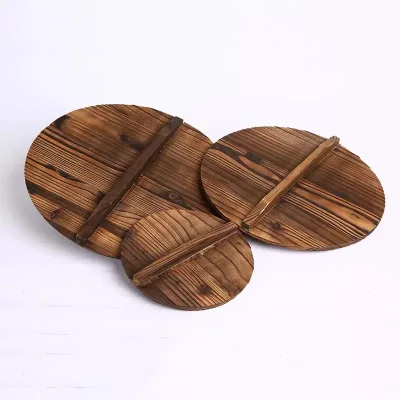 Rustic round Pot Lid Light Weight Handcrafted Wooden Kitchen Accessory Natural Wooden Wok Lid with Handle