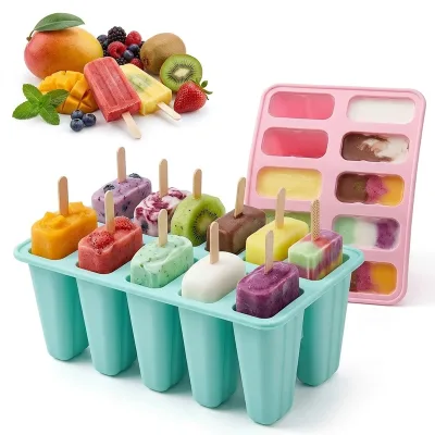 Reusable Home DIY Silicone Ice Cream Mold with 10 Sticks and Lid Factory Custom Popsicle Moulds BPA Free Silicone Wholesale