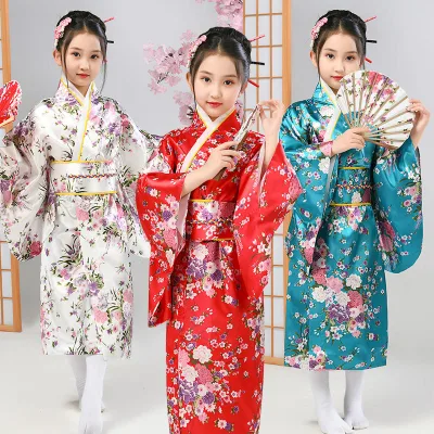 Kimono Japanese Traditional Print Flower Cosplay Costume Anime Haori Yukata Dress Satin Silk Kids Girls Children Outfit