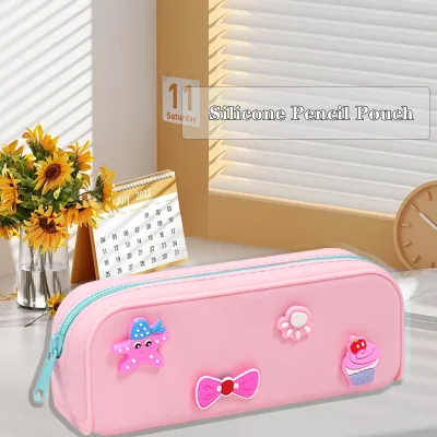 Wholesale AMZ Waterproof Soft Cute DIY Pencil Case Pouch Bag Pink Kawaii Silicone Pencil Pouches for Girls Kids Back to School