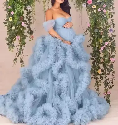 2025 Multi Color Pretty Front Slit Fluffy Tulle Maternity Dress Off Shoulder Sweetheart Puffy Pregnancy Gowns for Photography