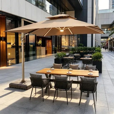 Modern Heavy Duty Outdoor Sun Umbrella Wood Finish Big Parasol Umbrellas 2.5*2.5m Square With Light Customized Patio Umbrella