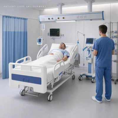 5 Function Electric Hospital Bed Adjustable Nursing Care Patient Bed with ABS Side Rails and Central Locking Casters OEM