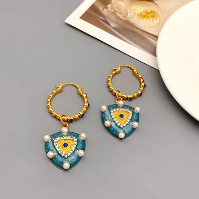 2024 Spring new brass plated 18k real gold inlaid pearl earrings Female retro enamel glaze heart pendant earrings