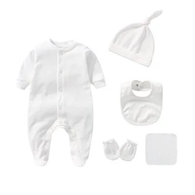 100% Cotton Newborn 5 Pieces Long Sleeve Baby Bodysuit +hat+mitten+bib+bandana Clothes Gift Sets Baby Rompers Set
