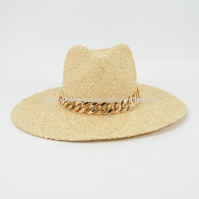 Summer New Style OEM Fashion Wide Brim Handmade Natural Raffia Straw Panama Hat for Summer Beach Gold Chain Trimming
