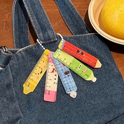 Custom Creative Mini Pendant Stationery Cartoon Cute Pencil Shape Mini Small 5cm Acrylic Ruler Shape Keychain