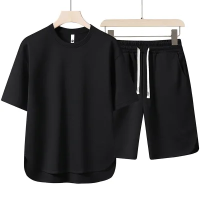 Summer Round Neck Summer Short Sleeve Suit Men's Round Neck Solid Color Half Sleeve Breathable Set for Man