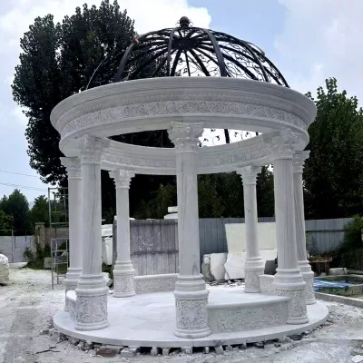 Custom White Marble Gazebo Round Stone Pavilion With Wrought Iron Dome and Inner Carved Stone Bench for Villa Garden Decoration