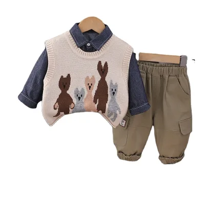 2026 Autumn New Boys Three-Piece Sweater Set by Little Bayon Denim Casual Vest Shirt Pants with Trendy Style