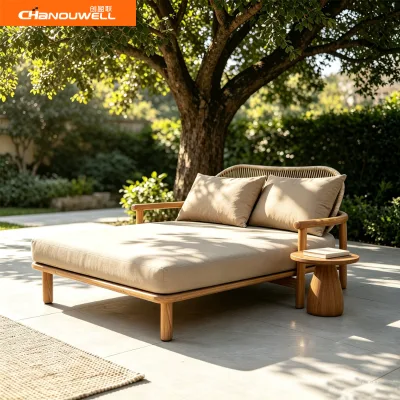 Spacious Modern Teak Wood Rope Woven Double Sunbed Comfortable Cushion Sun Lounger for Outdoor Use in Apartment Villa School Gym