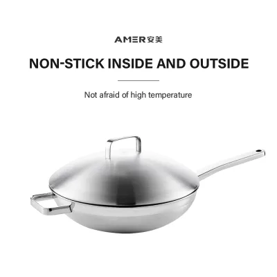 Wholesale Nonstick Inside Outside Stainless Steel Frying Pan Wok with Lid for Induction High Temperature Stir Frying Bulk