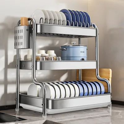 Multifunctional Stainless Steel Kitchen Storage Rack Dish Drain Bowl Rack with Chopsticks Storage Box Cupboard