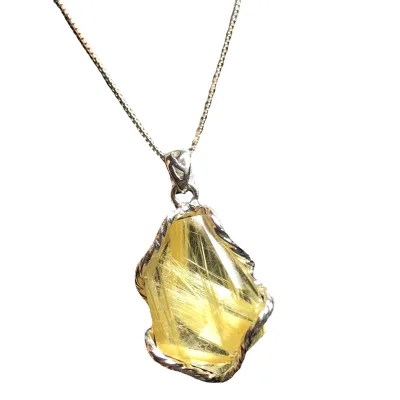 Natural Golden Rutilated Quartz Crystal Pendant with 925 Silver Necklace for Gift