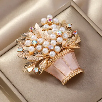 New European American Style Blue Pearl Flower Brooch Rhinestone Accessories Factory Pot Flower Pin Fashion Brooches