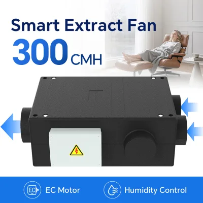 300 CMH Rectangle Dining Room Extract Fan Smart Humidity Control Wall-Mounted with EC Motor WiFi for Utility Room Ventilation