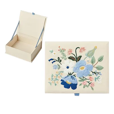 Magnetic Closure Cross Stitch Storage Box Gold Foil logo on Inside Lid Antique Jewelry Embroidery Gift Box with Grosgrain Ribbon