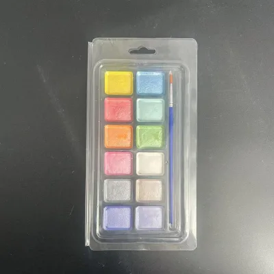 12 Colors Metallic Square Solid Watercolor Paint Set Pigment With Paint Brush Clear Blister Pack Kids Artist Drawing Art Supply