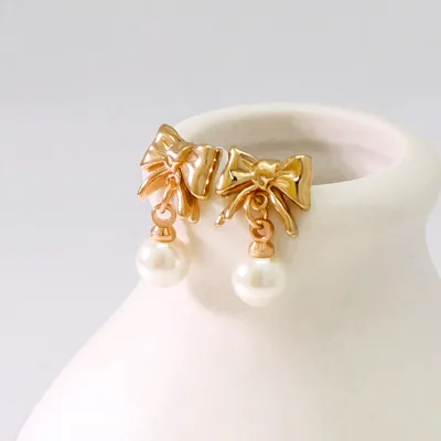 Minimalist Modern Golden Bow Drop Earrings Cute Pearl Womens Niche-design Gold-plated Wholesale