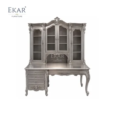 Silver Provincial Hutch Executive Desk | Luxury French Classical Glazed Office Bureau - EKAR FURNITURE