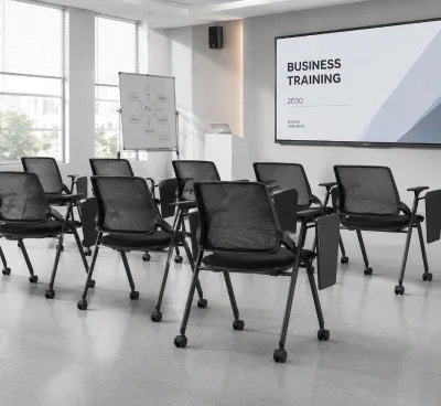 China Premium Modern Executive Folding Chair with Tablet Arm and Writing Pad Plastic Frame Commercial Office Furniture