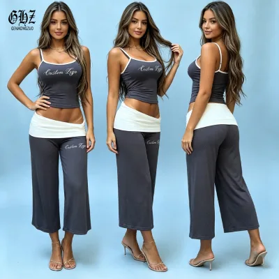 Women 2 Piece Outfit Set Contrast Tank Top Fold Over Waist Capri Wide Leg Pants Custom Logo Casual Loungewear Two Piece Suit