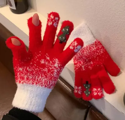 Korean Version of Winter Warm Gloves Women's Long Split Five-Finger Antifreeze Wool Knitted Fingerless Touch Sports Riding