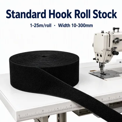 Standard Hook Roll Stock Material, Bulk Industrial Hook Only Tape, Woven Nylon Construction, 1-25m/Roll