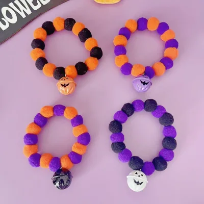 Cross-border Halloween Polyester Bell Cat & Dog Collar with Funny Pumpkin and Fuzzball Elastic Rope Decoration