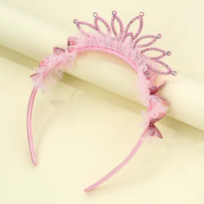 Children's Headband Sweet Pink Princess Sparkle Birthday Crown Fabric Lace butterfly Headband Tiara