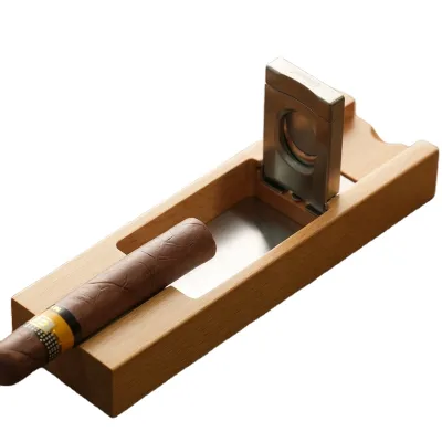 Custom Portable Wooden Luxury Cigar Ashtray with Stainless Steel Cigar Cutter