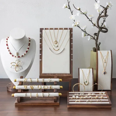Walnut Wood Jewelry Display Stand with Wooden Suede Necklace Hanger and Ring Tiered Tray Guangzhou Counter Display