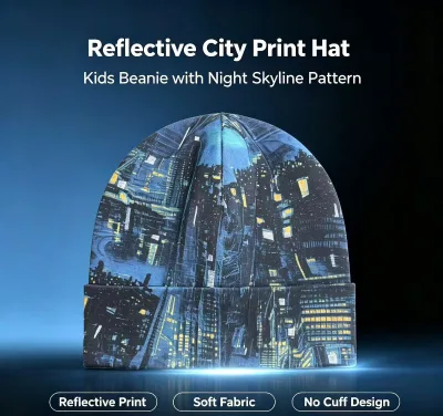 Kids Digital Printing Reflective Adjustable Beanie Hat 95%Spandex 5% Cotton Slouchy Unisex Casual Winter Travel