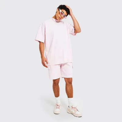 Slim Fit Men Beach Two Pieces Set Round Neck Jogging Summer Solid Color Track Suit