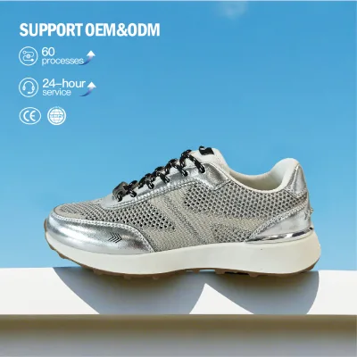 Men's Retro Style Sports Sneakers Thick-Soled Breathable Silver Lace-Up Cotton Comfortable Flexible Barefoot with Mesh Lining