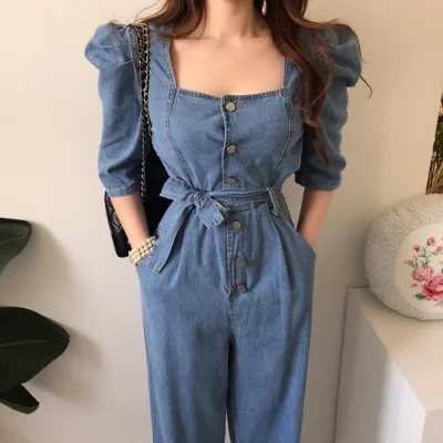 Wholesale Fall New Retro Temperament Square Collar Metal Button Lace Double Pocket Puff Sleeve Denim Jumpsuit Sets