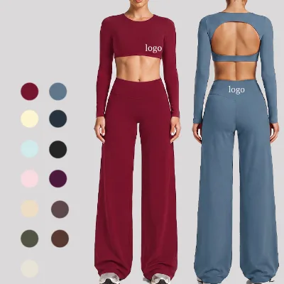 Slimming V Back Gymwear Sets Long Sleeves Scroop- Neck Workout Sets Soft Hollow Out Wide Leg Women Yoga Sets