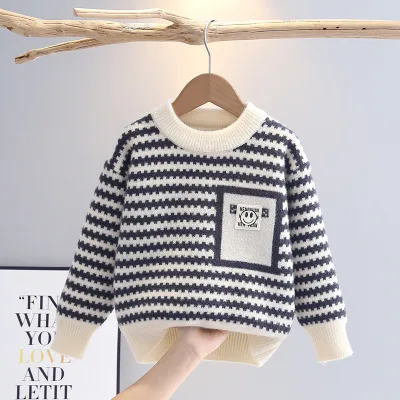 Boys Casual Winter Kids Fleece-lined Thickened Korean Velvet Striped Long-sleeve Pullover Sweatshirt for Warmth