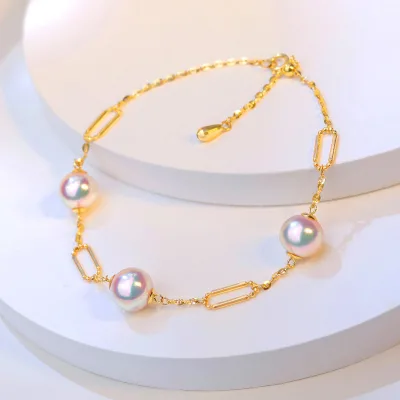 AU750 Luxury Minimalist Jewelry Women 18K Real Solid Gold Girls Fashion Akoya Pearl Fine Wrist Bracelet Gift