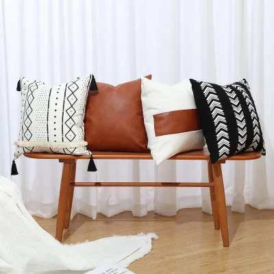 Modern Stripe Geometric Farmhouse Decorative Faux Leather Black and White Pillow Covers